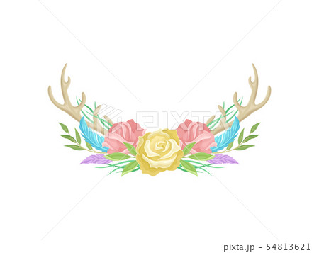 Compositions of yellow roses, beige antlers, feathers and leaves. Vector illustration on white 54813621