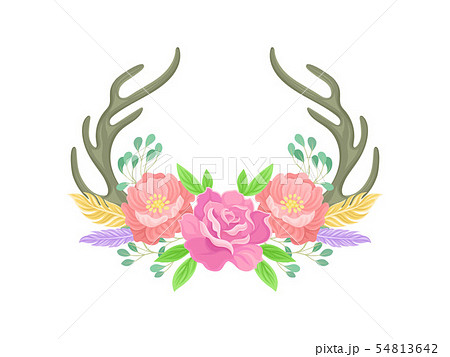 Compositions of pink flowers, gray antlers, feathers and leaves. Vector illustration on white 54813642