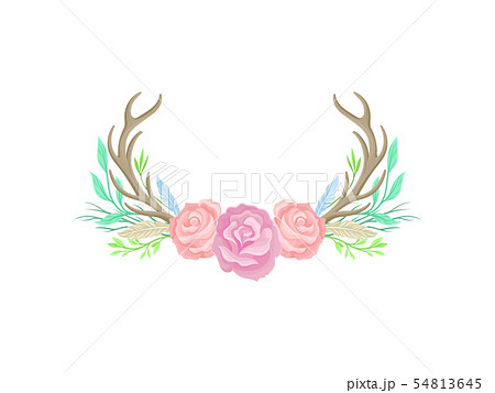 Compositions of pink flowers, horns, feathers and leaves. Vector illustration on white background. 54813645