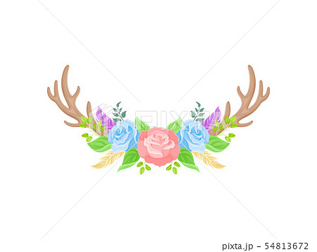 Compositions of pink and blue roses, brown deer horns and green leaves. Vector illustration on white 54813672