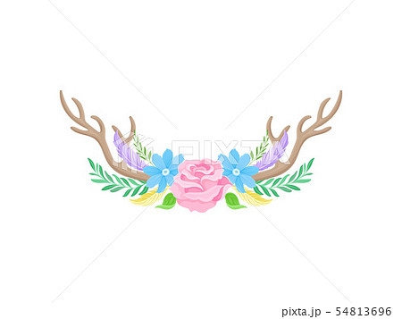 Compositions of pink roses, blue flowers, brown horns, feathers and leaves. Vector illustration on 54813696