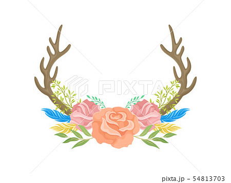 Compositions of pink flowers, brown horns, feathers and leaves. Vector illustration on white 54813703