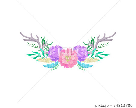Compositions of pink flowers, violet horns and feathers. Vector illustration on white background. 54813706