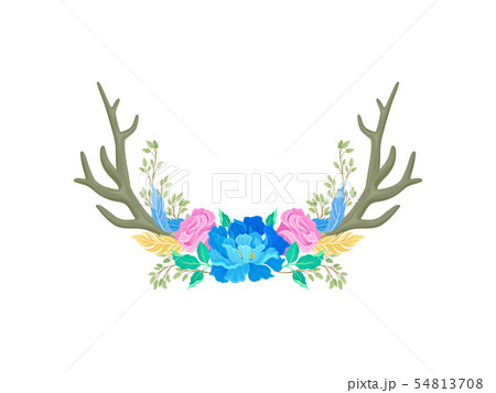 Compositions of blue and pink flowers, horns and feathers. Vector illustration on white background. 54813708