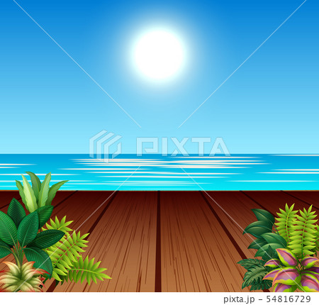 Landscape with seaport and bright sun in the sky 54816729