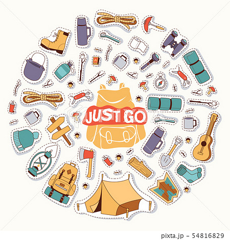 Camping stickers survival exploration just go tourism and hiking illustration. Tent backpack map Camping stickers survival exploration just go tourism and hiking illustration. Tent backpack map 54816829