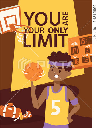Basketball player in uniform with ball. Supplies for sport game. Basket, scoreboard. You are your 54816860