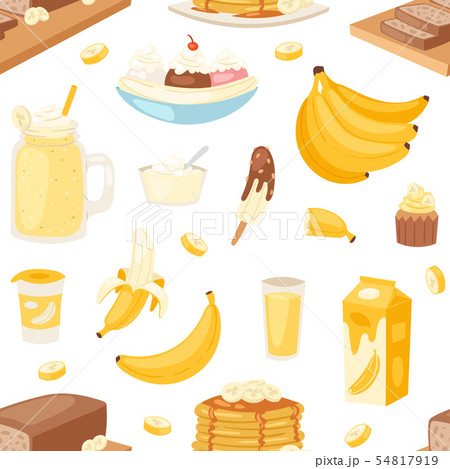 Banana set bananas products bread pancake or banana split with yellow cocktail and fruit in Banana set bananas products bread pancake or banana split with yellow cocktail and fruit in 54817919
