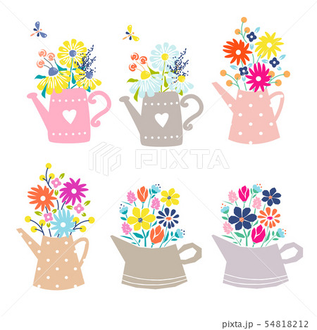 Bouquet of daisy and tulip flowers in a watering can. Cute floral illustration for postcards Bouquet of daisy and tulip flowers in a watering can. Cute floral illustration for postcards 54818212