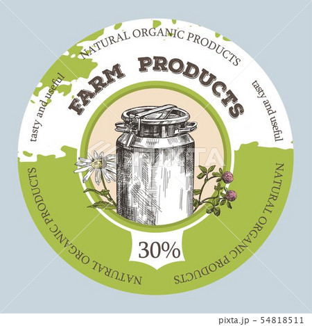 Milk can and wildflowers. Round background for the design of agricultural products. Milk can and wildflowers. Round background for the design of agricultural products. 54818511