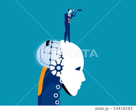Robotic head with businessman and spyglass. Robotic head with businessman and spyglass. 54818583