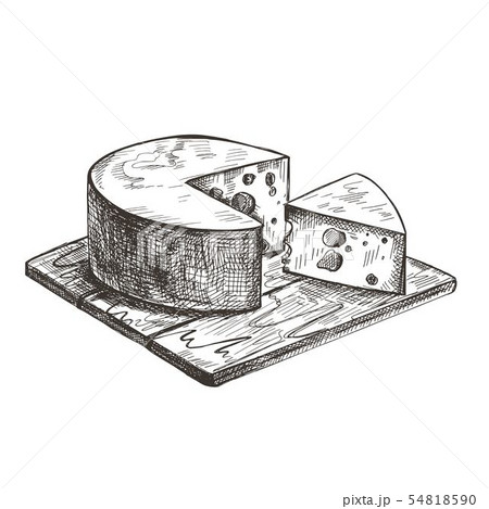 Cheese lies on a wooden cutting board. Vector retro illustration. 54818590