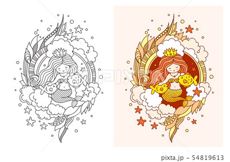 Lovely princess mermaid with two golden fish. 54819613