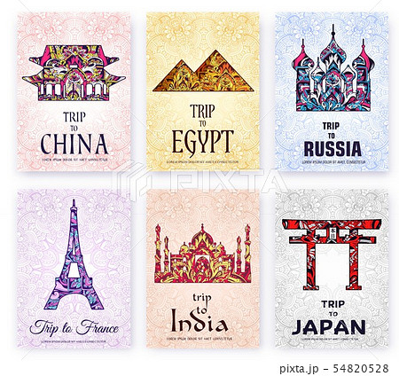 Set of cards with ornamental silhouettes of landmarks. 54820528