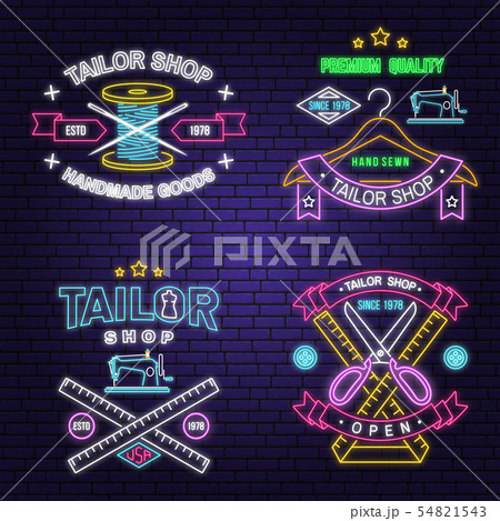 Tailor shop neon design or emblem. Vector. Night neon signboard. Vintage typography design with 54821543