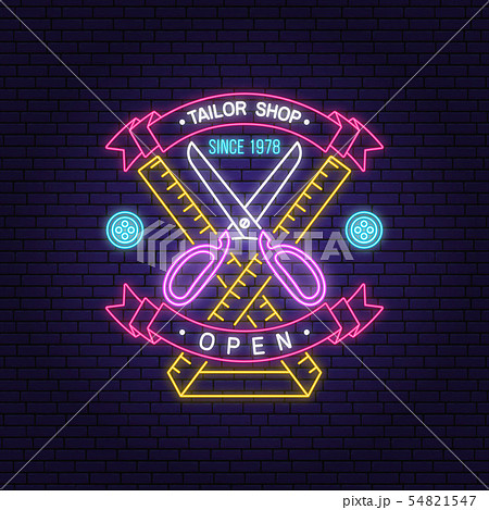 Tailor shop neon design or emblem. Vector. Night neon signboard. Vintage typography design with Tailor shop neon design or emblem. Vector. Night neon signboard. Vintage typography design with 54821547