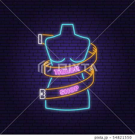 Tailor shop neon design or emblem. Vector. Night neon signboard. Vintage typography design with Tailor shop neon design or emblem. Vector. Night neon signboard. Vintage typography design with 54821550