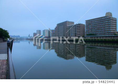あらかわ遊園アリスの広場前の隅田川と川面に映える住宅街 54823441