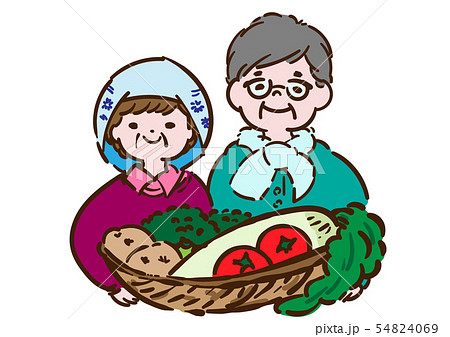 農家 野菜と老夫婦のイラスト素材