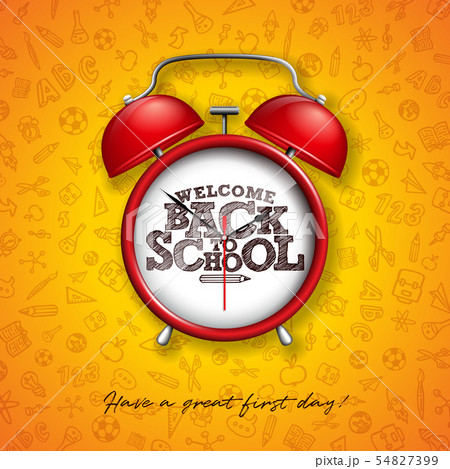 Back to school design with red alarm clock and typography on yellow background. Vector education 54827399