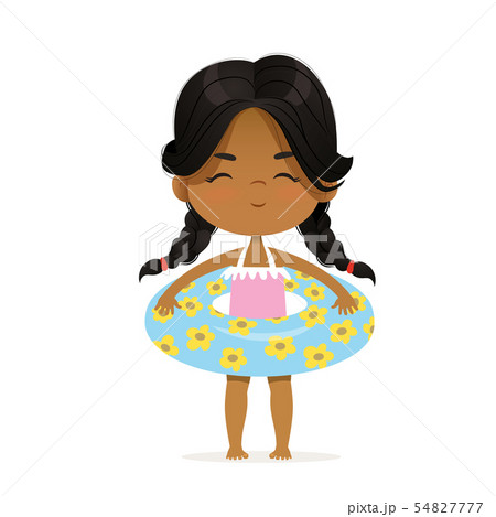 Cute African-American girl stay in inflatable circle. Child Relax at Summer. Pool Party Girl with Cute African-American girl stay in inflatable circle. Child Relax at Summer. Pool Party Girl with 54827777