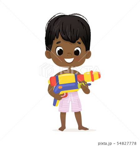 Smiling Cute African-American Baby Boy With a Toy Water Gun Posing. Pool Party Character with a 54827778