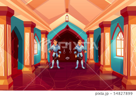 Armed guards in knight armor stand at forged door 54827899