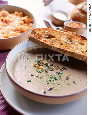 truffle mushroom soup with roasted bread truffle mushroom soup with roasted bread 54827962