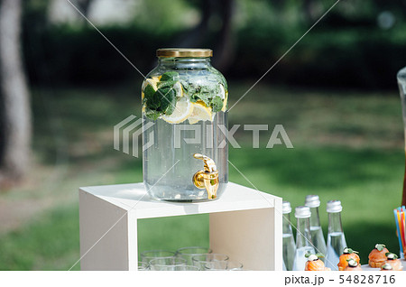 Lemonade cocktail on outdoor event. Citrus cocktail bar.big can with crane lime, orange, mint. 54828716