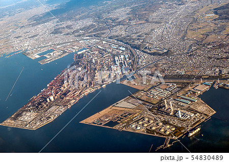 【空撮】君津市及び富津市 埋立地 空撮 新日鐵住金君津製鐵所 火力発電所 晴れ 横 54830489