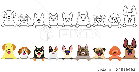 笑顔の犬たちと猫たちのボーダー 上半身のイラスト素材