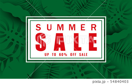 Summer sale banner with paper cut flamingo and tropical leaves background, exotic floral design for 54840403