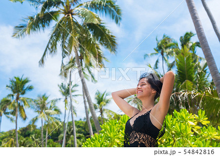 Portrait beautiful romantic woman lacy dress beach Portrait beautiful romantic woman lacy dress beach 54842816