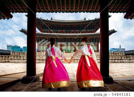 Korean lady in Hanbok or Korea gress and walk in 54843181
