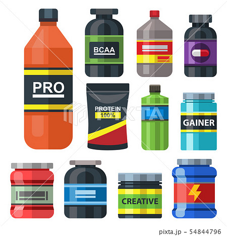 Bodybuilders gym athlete sport food diet symbols fitness nutrition protein powder drink illustration Bodybuilders gym athlete sport food diet symbols fitness nutrition protein powder drink illustration 54844796