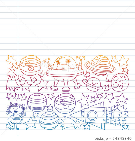 Vector set of space elements icons in doodle style. Painted, colorful, pictures on a piece of paper 54845340