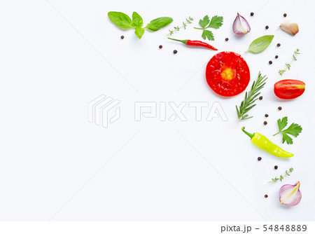 Various fresh vegetables and herbs on white Various fresh vegetables and herbs on white 54848889