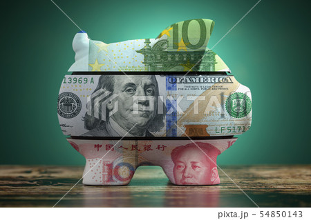 Piggy bank with dollar yuan and euro currency. 54850143