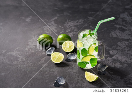 Fresh mojito cocktail with lime slices, ice cubes Fresh mojito cocktail with lime slices, ice cubes 54853262