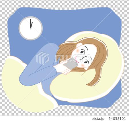 ベッドでスマートフォンを触る女性のイラストのイラスト素材 ベッドでスマートフォンを触る女性のイラストのイラスト素材
