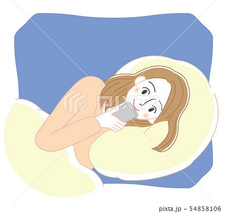 ベッドでスマートフォンを触る女性のイラスト 54858106