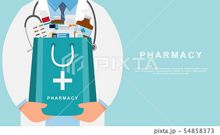 pharmacy background with doctor holding a medicine - Stock Illustration  [54858373] - PIXTA