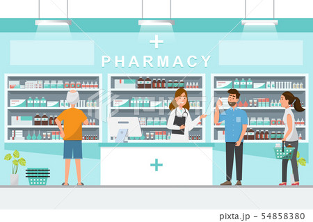 pharmacy with pharmacist and client in counter pharmacy with pharmacist and client in counter 54858380