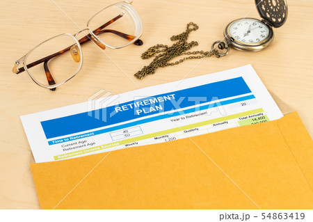 Retirement plan in envelope, document is mock-up Retirement plan in envelope, document is mock-up 54863419