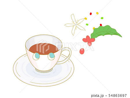 コーヒーカップとコーヒーの花や実のイラストのイラスト素材