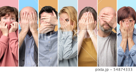 Collage of women and men covering face with hands over. 54874333