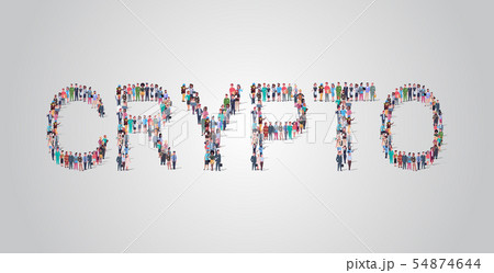 people crowd gathering in shape of crypto word different occupation employees mix race workers group 54874644