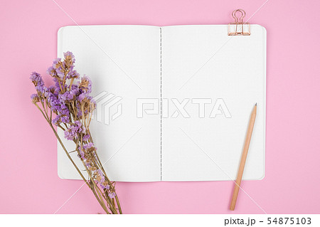Top view of notebook and violet flower 54875103