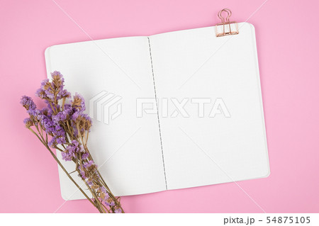 Top view of notebook and violet flower 54875105