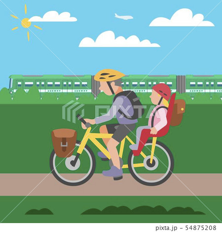 Family cycle vector poster with father riding bicycle with daughter sitting on child bike seat Family cycle vector poster with father riding bicycle with daughter sitting on child bike seat 54875208